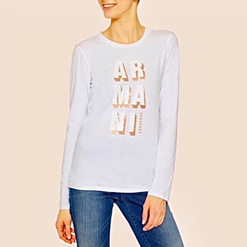 Armani Exchange LONG-SLEEVE white SEQUIN LOGO BLOCK CREWNECK TEE sz.XS